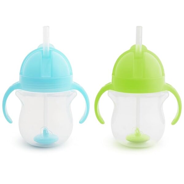 Munchkin Any Angle Sippy Cup for Toddlers, Weighted Straw Trainer Cup with Click Lock Lid, 7 Ounce, 2 Pack, Blue/Green