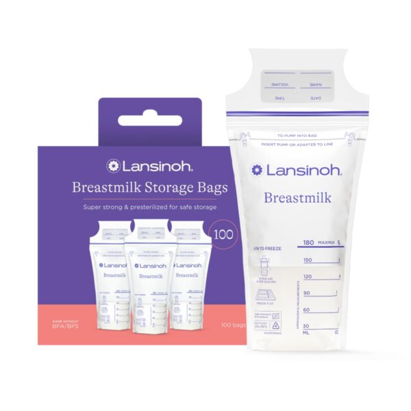 Lansinoh Breastmilk Storage Bags, 100 Count, Baby Essentials, Fast Freeze & Thaw Breast Milk Bags for Baby Bottle Feeding, Superior Strength & Stretch, 6 Ounce